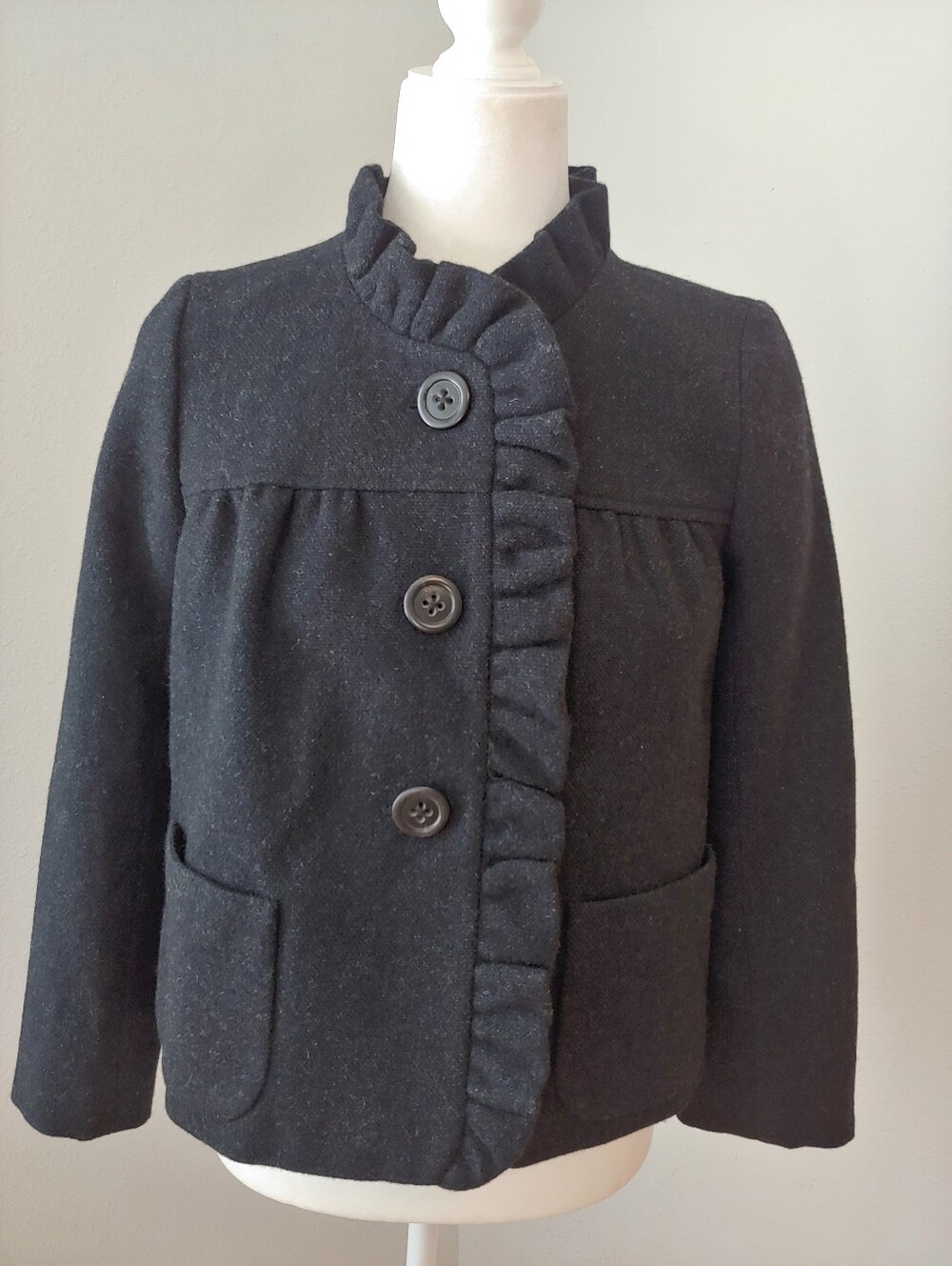 J.Crew Vintage Fiona Charcoal Ruffle Wool Coat Women's size 0 Green Label